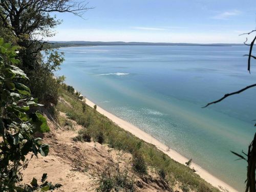 A serene view of a sandy beach and calm blue waters, framed by greenery and distant hills under a clear sky.