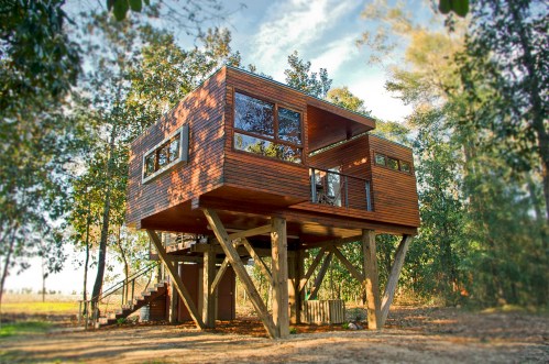 A modern wooden treehouse elevated on stilts, surrounded by trees and featuring large windows and a staircase.