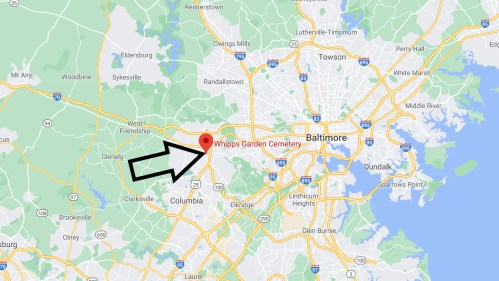 Map showing the location of Whipps Garden Cemetery, near Columbia, Maryland, with an arrow pointing to it.