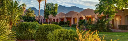 A scenic view of a desert resort with lush greenery, palm trees, and mountains in the background.