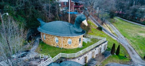 A quirky, duck-shaped house with a rounded body and a beak, surrounded by greenery and other buildings.