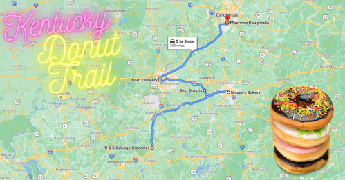 Map of Kentucky highlighting a donut trail with locations and a colorful stack of donuts in the corner.