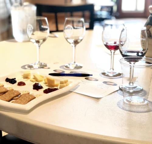 A table set with wine glasses, a cheese and cracker platter, and tasting notes in a cozy setting.