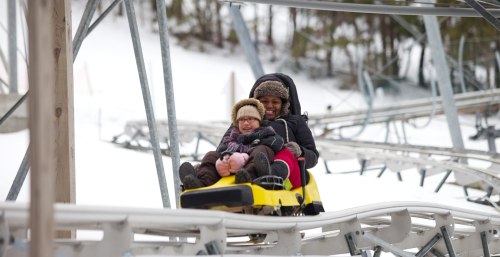 A woman and a child enjoy a snowy ride on a roller coaster, smiling as they descend the track.