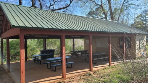 A covered picnic area with a green metal roof, wooden posts, and several picnic tables in a natural setting.