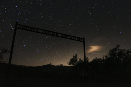 A night sky filled with stars above a sign that reads "Arizona Adventure." Silhouetted trees in the foreground.