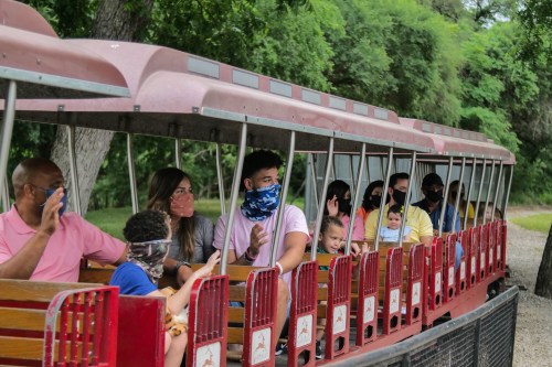 A group of people wearing masks wave from a train-like ride in a park surrounded by greenery.