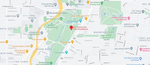 Map showing the San Antonio Zoo and Train Roundhouse, with nearby parks and attractions marked.