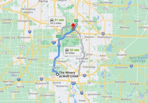 Map showing directions to The Winery at Wolf Creek, with estimated travel times from various locations.