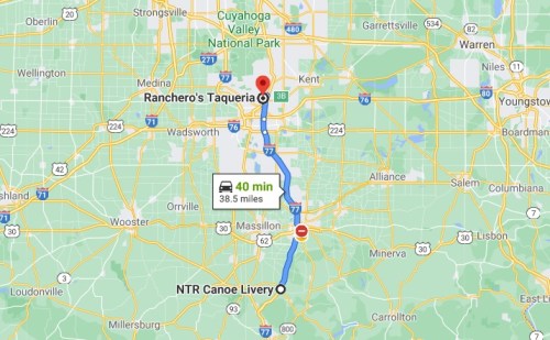 Map showing a route from Ranchero's Taqueria to NTR Canoe Livery, approximately 40 minutes and 38.5 miles.