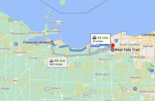 Map showing directions from Firelands Winery to West Falls Trail, with estimated travel times and distances.