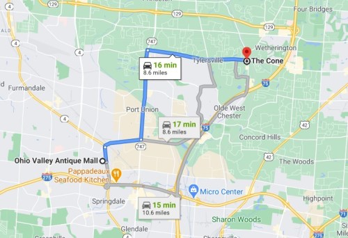 Map showing directions from Ohio Valley Antique Mall to The Cone, with estimated travel times and distances.