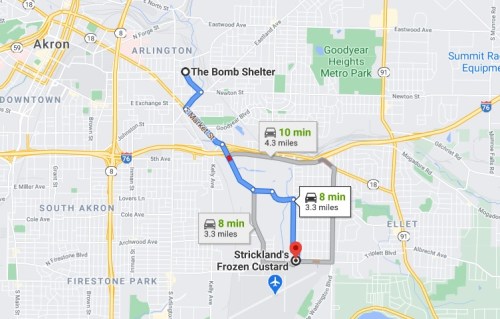 Map showing directions from The Bomb Shelter to Strickland's Frozen Custard in Akron, Ohio, with estimated travel times.