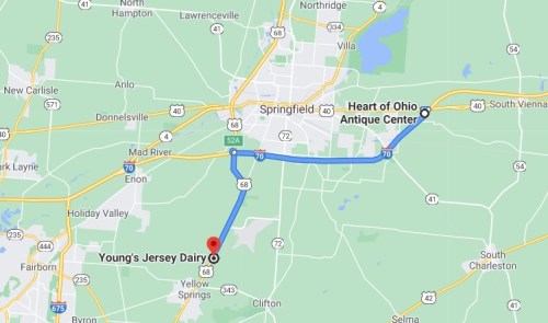 Map showing directions from Young's Jersey Dairy to the Heart of Ohio Antique Center in Springfield, Ohio.
