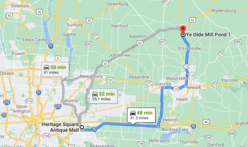 Map showing routes and travel times from Heritage Square Antique Mall to Ye Olde Mill Pond 1, with distances indicated.