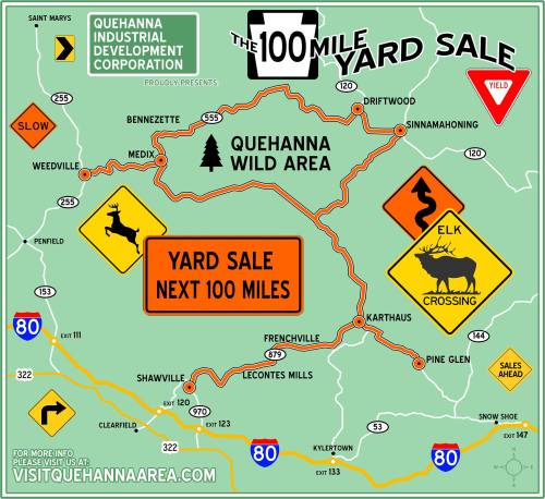 Map of the 100 Mile Yard Sale in the Quehanna Wild Area, featuring routes, towns, and wildlife crossings.