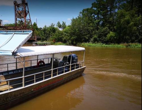 A boat with a canopy is on a brown river, surrounded by lush green trees and a structure in the background.