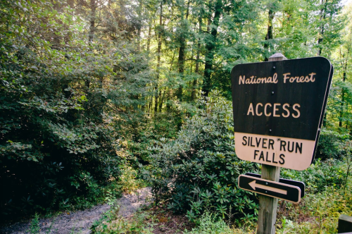 Sign for Silver Run Falls access in a lush green forest, with a path leading into the trees.