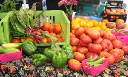 A vibrant market display featuring green peppers, tomatoes, cucumbers, and fresh greens in colorful baskets.
