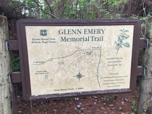 Sign for Glenn Emery Memorial Trail, showing map and details about the trail's construction and sponsors.