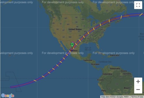 Map showing a trajectory or path across North America, with markers and labels indicating development purposes.