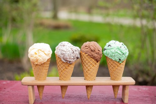 Four ice cream cones in waffle cups, featuring vanilla, cookies and cream, chocolate, and mint chocolate chip flavors.