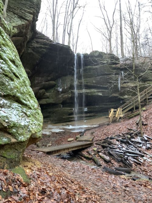 A serene waterfall cascades over rocks in a wooded area, surrounded by fallen leaves and a wooden bridge.