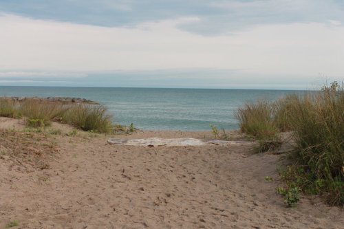 A sandy path leads to a calm lake, framed by tall grass under a cloudy sky.