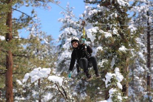 A person zip-lining through a snowy forest, smiling with trees and blue sky in the background.