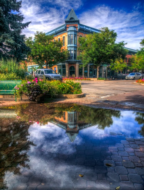 A vibrant street scene with a historic building reflected in a puddle, surrounded by greenery and colorful flowers.