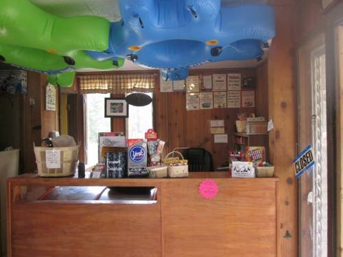 A wooden counter in a rustic shop, decorated with inflatable pool floats and various signs, with a "CLOSED" sign visible.