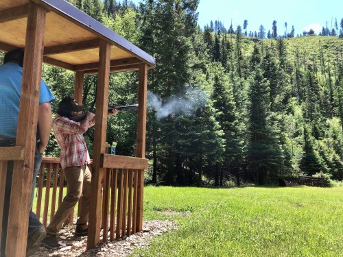 A person in a plaid shirt fires a gun from a shooting stand in a forested area with green grass and trees.