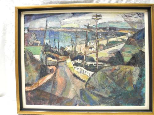 A colorful landscape painting depicting a winding road, coastal view, and distant hills, framed in gold.
