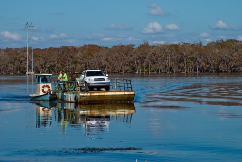 A small ferry transporting a pickup truck across a calm river, surrounded by trees and blue skies.
