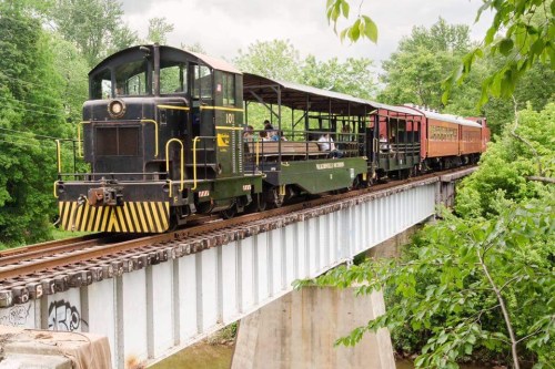A vintage train crosses a bridge surrounded by lush greenery, with passengers enjoying the scenic ride.