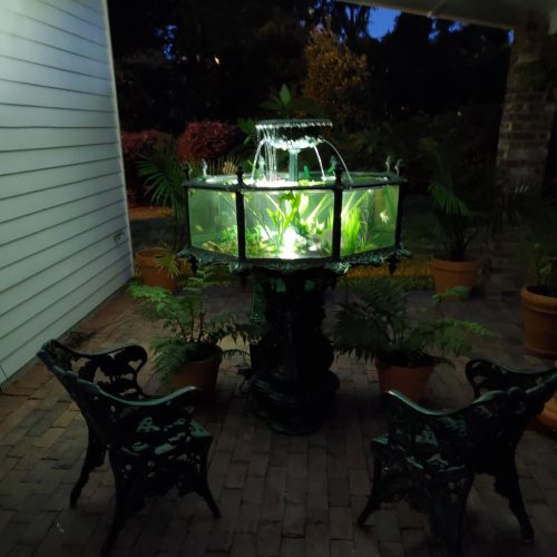 A decorative fountain with illuminated plants, surrounded by potted ferns and two ornate chairs in a dimly lit garden.