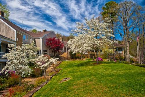 A scenic view of a landscaped yard with blooming trees, colorful flowers, and a blue sky with clouds.