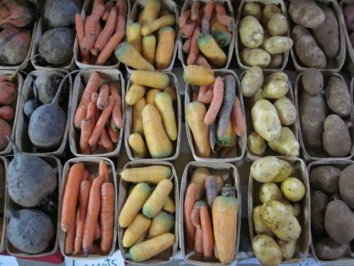 A variety of root vegetables in baskets, including carrots, potatoes, and beets, displayed at a market.