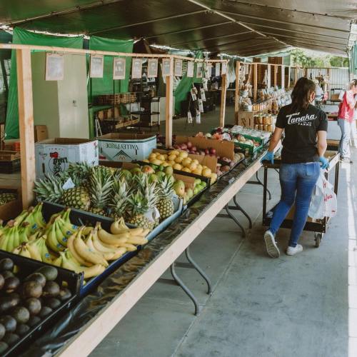 A person pushes a cart past a vibrant fruit stand filled with various fresh fruits at an outdoor market.