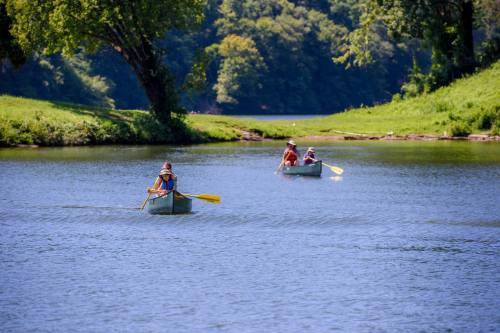 Three people paddle canoes on a calm river surrounded by lush greenery and trees.
