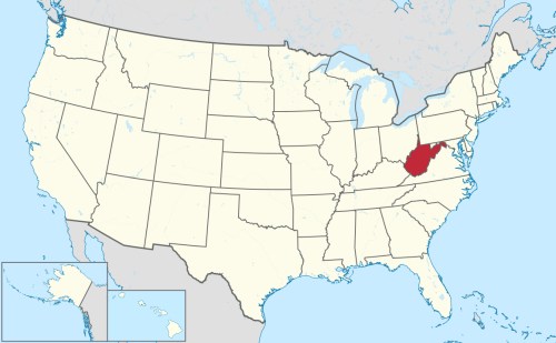 Map of the United States highlighting West Virginia in red.