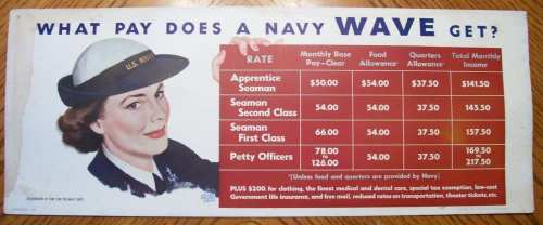 Vintage advertisement showing Navy WAVE pay rates, including monthly base pay, food allowance, and total income.
