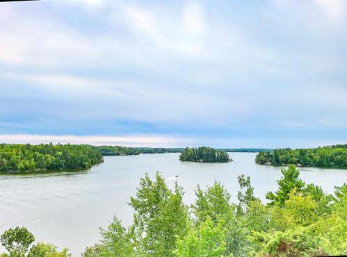A serene view of a river winding through lush green islands under a cloudy sky.