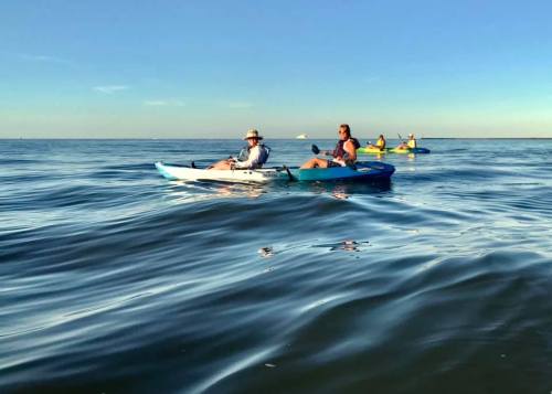 Two people kayaking on calm water under a clear blue sky, with additional kayakers in the background.