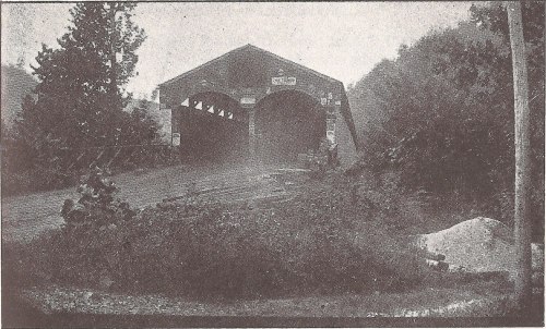 A vintage black-and-white photo of a covered bridge surrounded by trees and foliage.