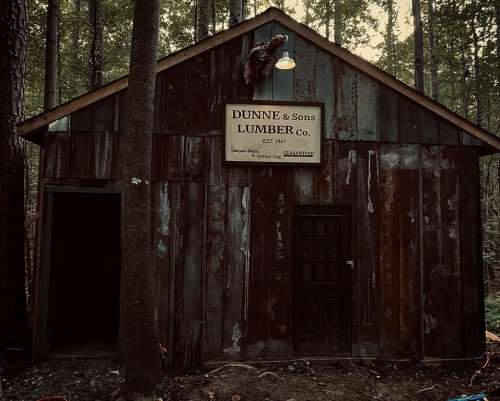 A rustic lumber company building with a weathered sign, surrounded by trees in a wooded area.