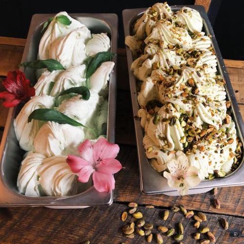Two trays of creamy gelato, one plain and one topped with pistachios, garnished with flowers and scattered nuts.