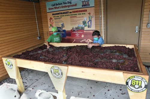 Two children explore a sand table filled with red mulch, searching for dinosaur fossils, wearing masks and hats.