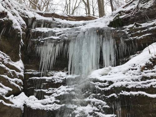 A frozen waterfall surrounded by snow-covered rocks and icicles, set in a wooded area.