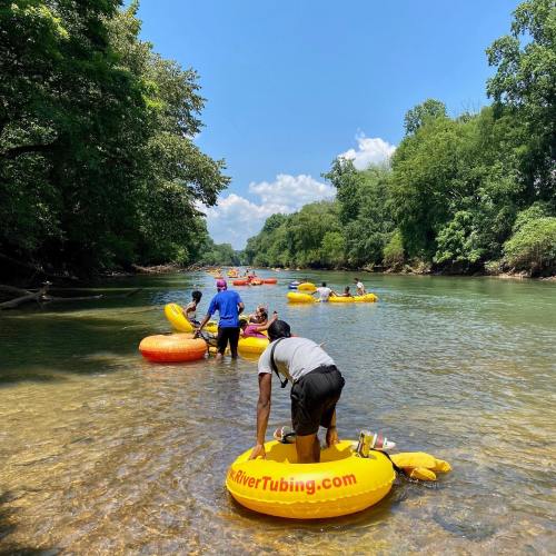 People enjoying river tubing on a sunny day, surrounded by lush greenery and clear blue skies.